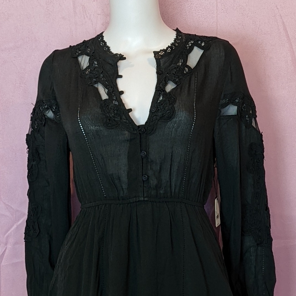 Free People Black Lace Button Bodice Long Sleeve Mini Dress size XS - Picture 2 of 9